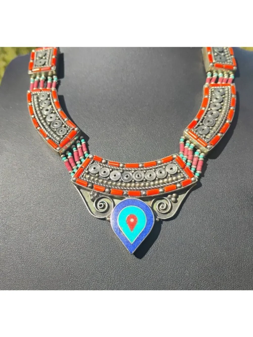 Handmade Tibetan Silver Turquoise Coral Lapis Lazuli Necklace Tribal Boho Collar